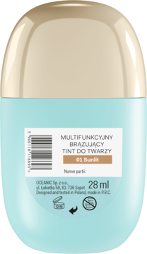 Tył turkusowej butelki brązującego tintu do twarzy 01 Sunlit z beżową nakrętką i etykietą produktu.