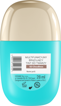 Tył opakowania brązującego tintu do twarzy AA 02 Cloudless 28 ml, z widocznymi informacjami o produkcie.