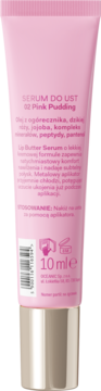 Tył opakowania nawilżającego Lip Butter Serum 02 Pink Pudding 10 ml, różowa tuba z polskim opisem i złotą zakrętką.