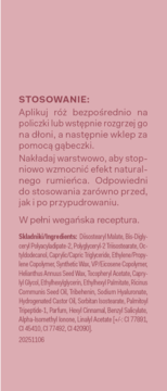 Tył opakowania Allure Blush Stick 01 Candy Pink. Różowy róż do policzków w sztyfcie z opisem użycia i składem.