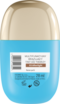 Tył niebieskiej butelki multifunkcyjnego tintu brązującego do twarzy 03 Afterlight 28ml z beżową zakrętką.