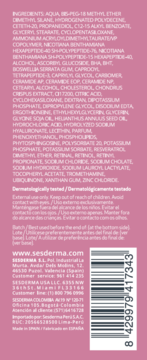 Tył opakowania Sesderma Reti Age, kremu-żelu przeciwstarzeniowego z retinoidami, widoczna lista składników.