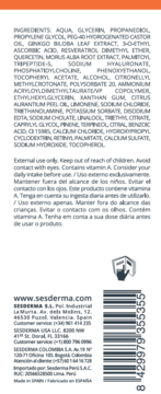 Tył opakowania Sesderma C-VIT Serum, biała etykieta ze składnikami, ostrzeżeniami, danymi firmy i kodem kreskowym.