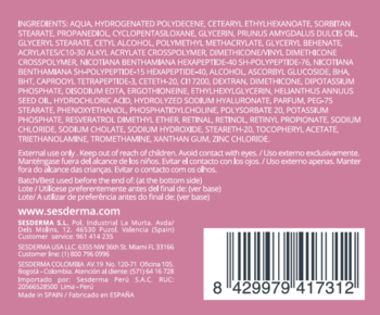 Tył różowego opakowania Sesderma Reti Age Nawilżający Krem Przeciwstarzeniowy z listą składników i kodem EAN.