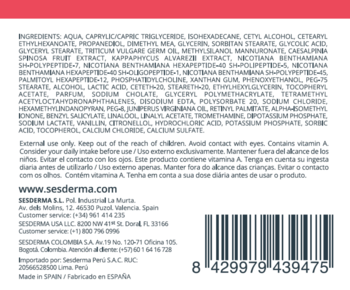 Tył opakowania kremu Sesderma DAESES Liftingujący Krem, z kodem kreskowym i listą składników. Białe tło.
