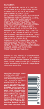 Tył czerwonego opakowania Sesderma DAESES Serum liftingującego, z białym tekstem, instrukcją i kodem kreskowym.