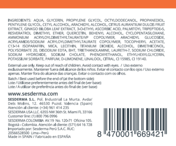 Tył opakowania Sesderma C-VIT Nawilżający Krem, widoczna lista składników i kod kreskowy.
