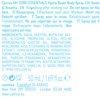 Catrice Hydra Reset Body Spray 50ml, odświeżający spray do ciała, etykieta z tekstem w 4 językach, widok z przodu.