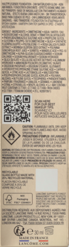 Tył opakowania podkładu Lancôme Teint Idole Ultra Wear z listą składników, ostrzeżeniami i kodem QR.