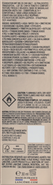 Tył opakowania podkładu Lancôme Teint Idole Ultra Wear z listą składników, info o recyklingu i wyprodukowano we Francji.
