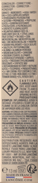 Tył opakowania płynnego korektora-serum Lancôme Teint Idole Ultra Wear Care & Glow z listą składników i ostrzeżeniami.
