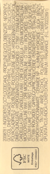 Detailed ingredients list for a cosmetic product, fine print on light packaging, with FSC certified packaging logo.