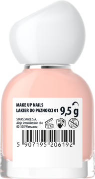 Widok z tyłu na jasnoróżowy lakier do paznokci MAKE UP NAILS 01 o wadze 9,5 g z białą nakrętką.