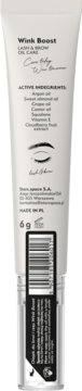 Tył tubki Wink Boost Lash & Brow Oil Care, 6g, z listą składników aktywnych i kodem kreskowym.