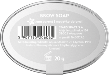 Owalne, srebrne mydełko do brwi STARS.SPACE, transparentne, 20g, widok z góry z etykietą i kodem.