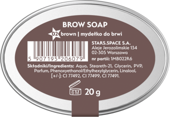 Owalne, brązowe mydełko do brwi BROW SOAP 20g, widok z tyłu opakowania ze składem i danymi producenta.