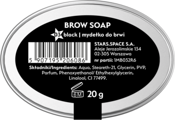 Czarne, owalne mydełko do brwi Stars.Space, tylny widok z pełną listą składników i kodem kreskowym.