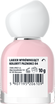 Jasnoróżowy lakier CC do paznokci 04, tył butelki z białą zakrętką, etykieta z opisem i kodem kreskowym.