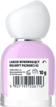 Fioletowy lakier CC do paznokci Stars.Space, tył butelki z etykietą wyrównującą koloryt i kodem kreskowym.