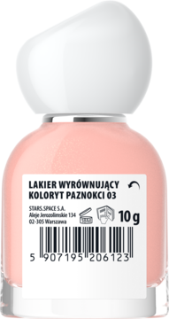 Tył jasnoróżowego lakieru STARS.SPACE 10g z białym korkiem, wyrównujący koloryt 03, widoczna etykieta.
