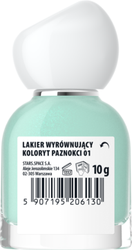 Lakier CC do paznokci, miętowy, w butelce z białym korkiem, widok z tyłu opakowania z etykietą i wagą 10g.