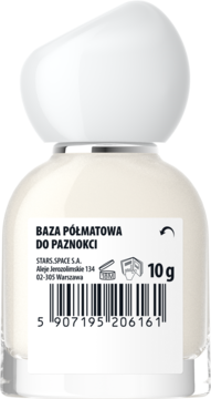 Biała butelka półmatowej bazy do paznokci 10g, widok z tyłu z etykietą i kodem kreskowym.