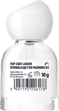 Stars Space Top Coat Lakier Utrwalający do Paznokci 01, przezroczysta butelka z białym korkiem, frontowy widok, 10g.