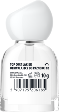 Top Coat Lakier Utrwalający do Paznokci 02, tył butelki z białym, owalnym korkiem i etykietą 10g.