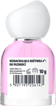 Tył różowej butelki wzmacniającej odżywki do paznokci STARS.SPACE, z etykietą i kodem kreskowym, 10 g.