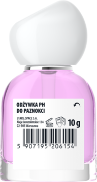 Tył różowej butelki odżywki PH do paznokci z białą etykietą, tekstem, kodem kreskowym i napisem 10g.