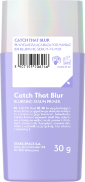 Fioletowy Catch That Blur Blurring Serum Primer, tył podłużnego opakowania z polskim opisem wygładzającej bazy do makijażu, 30g.