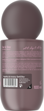 Tył ciemnoróżowej butelki Set & Slay Setting Spray 100 ml, z opisem produktu i kodem kreskowym.