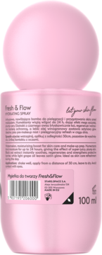 Tył różowego Fresh & Flow Hydrating Spray 100ml, z opisem produktu i kodem kreskowym.