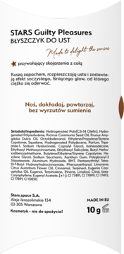 Tył opakowania błyszczyka STARS Guilty Pleasures, 10g, z opisem zapachu coli i pełną listą składników.