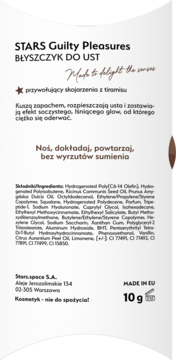 Tył opakowania błyszczyka STARS Guilty Pleasures Tiramisu, 10g. Biała etykieta z opisem, składnikami i 'MADE IN EU'.