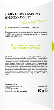 Tył opakowania błyszczyka Stars Guilty Pleasures o zapachu gruszki, widoczna lista składników i waga 10g.