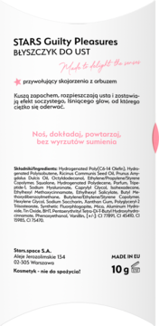Tył opakowania błyszczyka STARS Guilty Pleasures, arbuzowy. Białe z czarnymi napisami, lista składników.