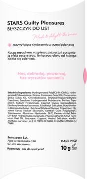 Tył opakowania błyszczyka do ust STARS Guilty Pleasures, z listą składników, opisem zapachu gumy balonowej i wagą 10g.