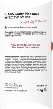 Tył opakowania błyszczyka STARS Guilty Pleasures, wiśniowy zapach, z opisem efektu soczystego glow, 10g.