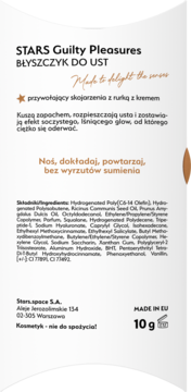 Widok z tyłu opakowania błyszczyka STARS Guilty Pleasures, z polskim opisem, składem i wagą 10g.