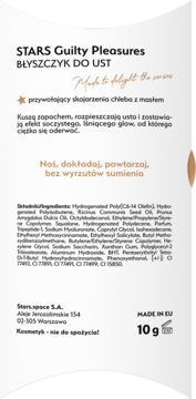STARS Guilty Pleasures błyszczyk do ust, tylny panel opakowania 10g, z opisem soczystego blasku i nutą chleba.