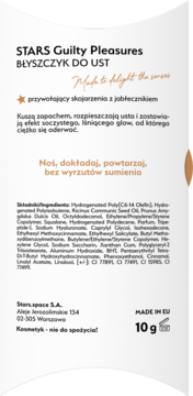 Tył opakowania błyszczyka STARS Guilty Pleasures o zapachu jabłecznika, 10g. Widoczny skład, adres i Made in EU.