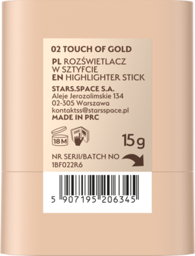 Tył beżowego opakowania rozświetlacza w sztyfcie Stars Kiss Of Glow Touch Of Gold 15g z danymi.