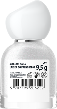 Tył butelki lakieru do paznokci MAKE UP NAILS 04, półtransparentny, z białą nakrętką i etykietą.