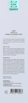 Tył butelki IUNIK Centella Bubble Cleansing Foam, widok szczegółowy na listę składników, sposób użycia i kod kreskowy.