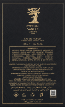 Tył czarnego opakowania perfum Lattafa Eternal Vanille 100ml, widoczne złote napisy, składniki i ostrzeżenia.