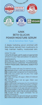 Tylna strona opakowania IUNIK Beta-Glucan Power Moisture Serum, z listą składników i instrukcją, na błękitnym tle.