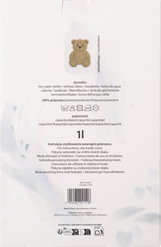 Tył białego opakowania termoforu MOMO WAY miś 1L z rysunkiem misia, instrukcjami i kodem.