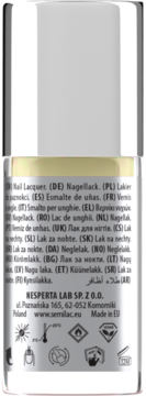 Tył żółtej butelki Semilac Nail Lacquer z etykietą, tekstem w wielu językach i symbolami ostrzegawczymi.