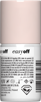 Tył buteleczki Semilac Easy off LED Light Coconut Milk, z etykietą, tekstem, logo Vegan i Made in EU.